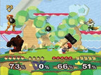 Donkey Kong, Fox und Ness kämpfen auf einer grünen Plattform-Stage mit Bäumen und einem Wasserfall.