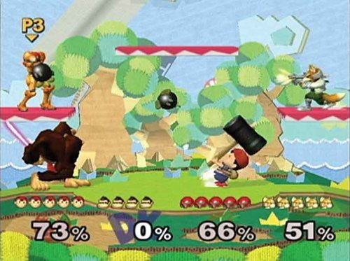 Donkey Kong, Fox und Ness kämpfen auf einer grünen Plattform-Stage mit Bäumen und einem Wasserfall.