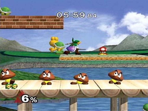 Link kämpft gegen einen Koopa Troopa, während Goombas auf einer Holzplattform warten.