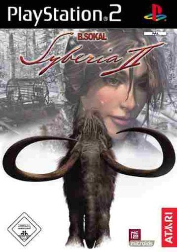 Syberia 2 für PS2, USK ab 0, zeigt ein Mammut und eine Frau vor einer verschneiten Waldlandschaft.