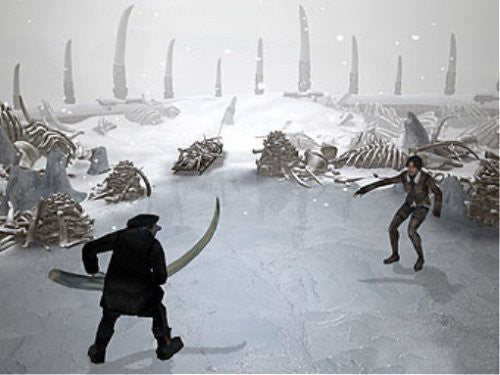 Zwei Figuren kämpfen auf einer Eisfläche, umgeben von großen Knochen und Skeletten im Schnee.