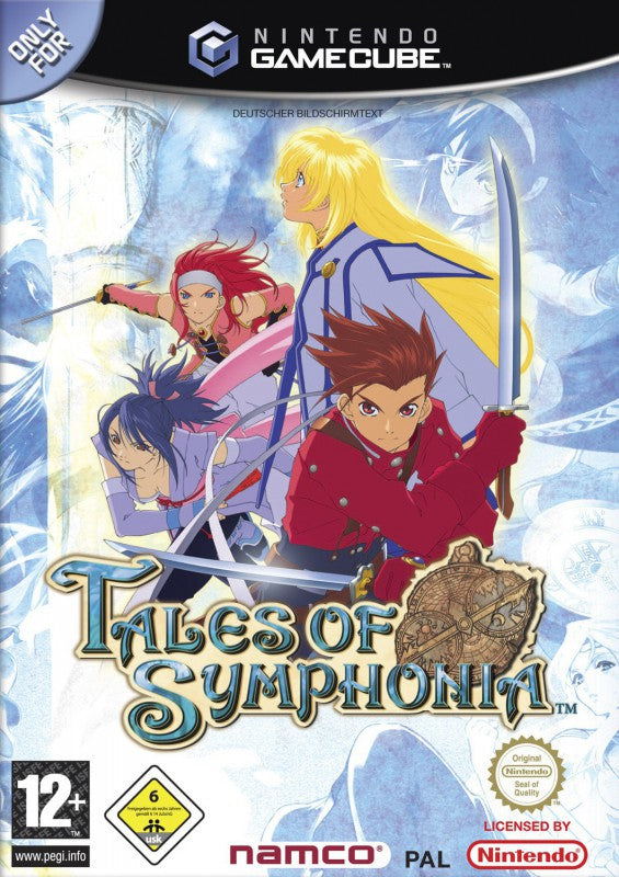 Das Cover von Tales of Symphonia für GameCube zeigt vier Charaktere, darunter Lloyd Irving mit Schwert.