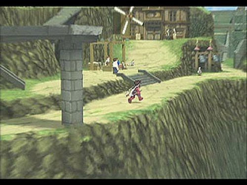 Lloyd Irving rennt auf einem Pfad entlang einer Klippe, im Hintergrund ist ein Dorf mit einem Windrad zu sehen.