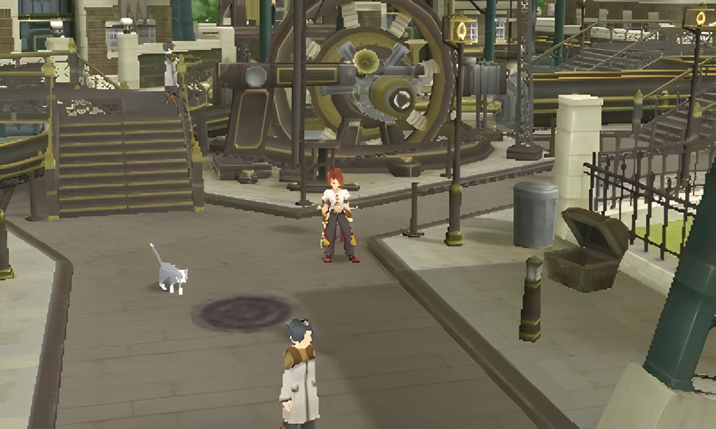 Eine Szene aus Tales of the Abyss zeigt eine Stadt mit einer Katze und einem Schatzkiste.
