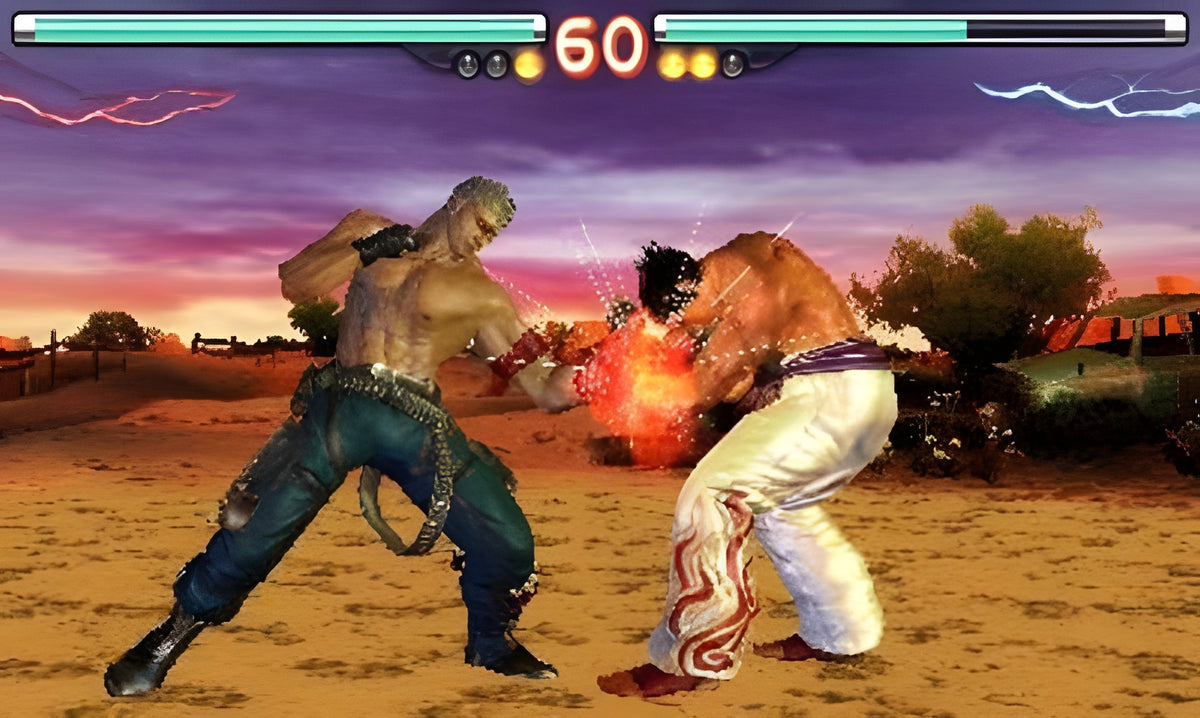 Zwei männliche Kämpfer liefern sich in Tekken 3D Prime Edition einen Schlagabtausch in der Wüste.