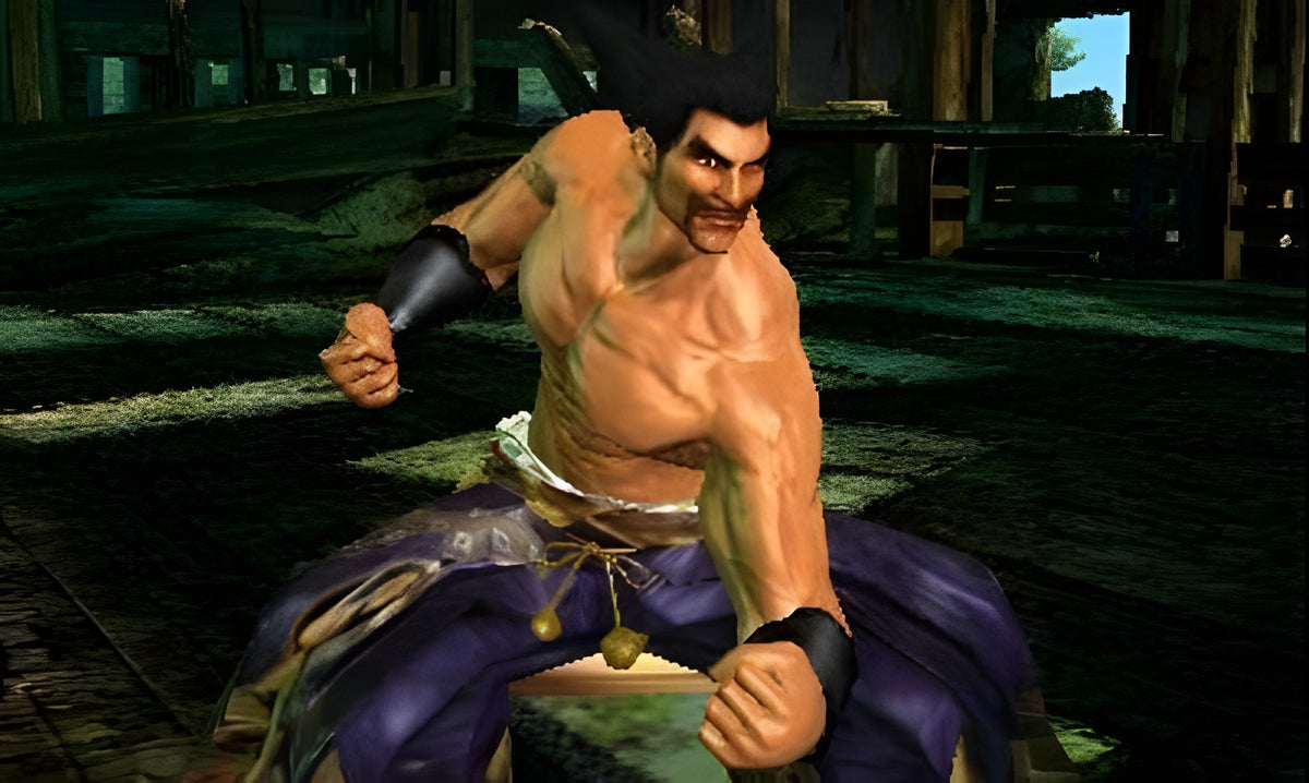 Kazuya Mishima aus Tekken 3D Prime Edition ist in Nahaufnahme mit grimmigem Blick zu sehen.