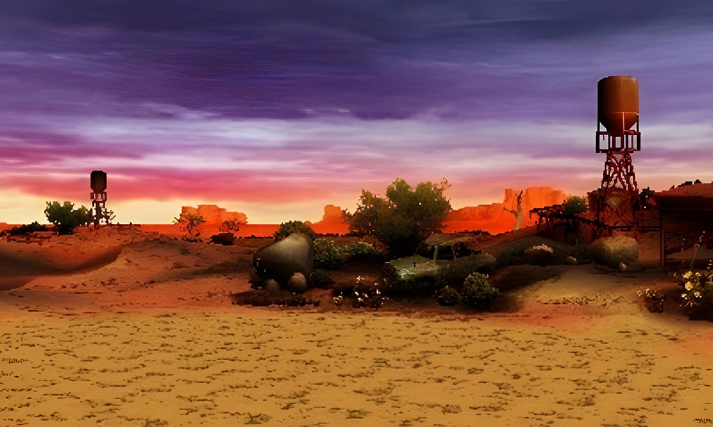 Tekken 3D Prime Edition zeigt eine weite Wüstenlandschaft mit zwei Wassertürmen und einem alten Auto.