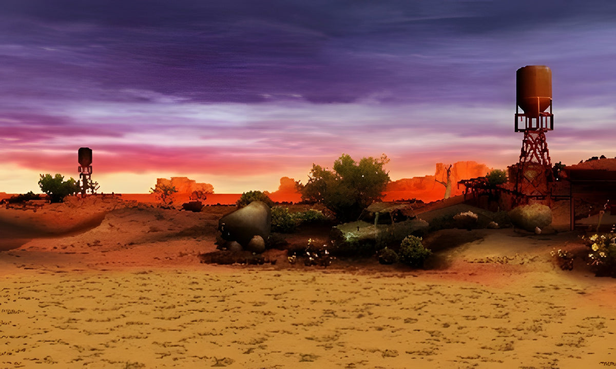 Tekken 3D Prime Edition zeigt eine weite Wüstenlandschaft mit zwei Wassertürmen und einem alten Auto.