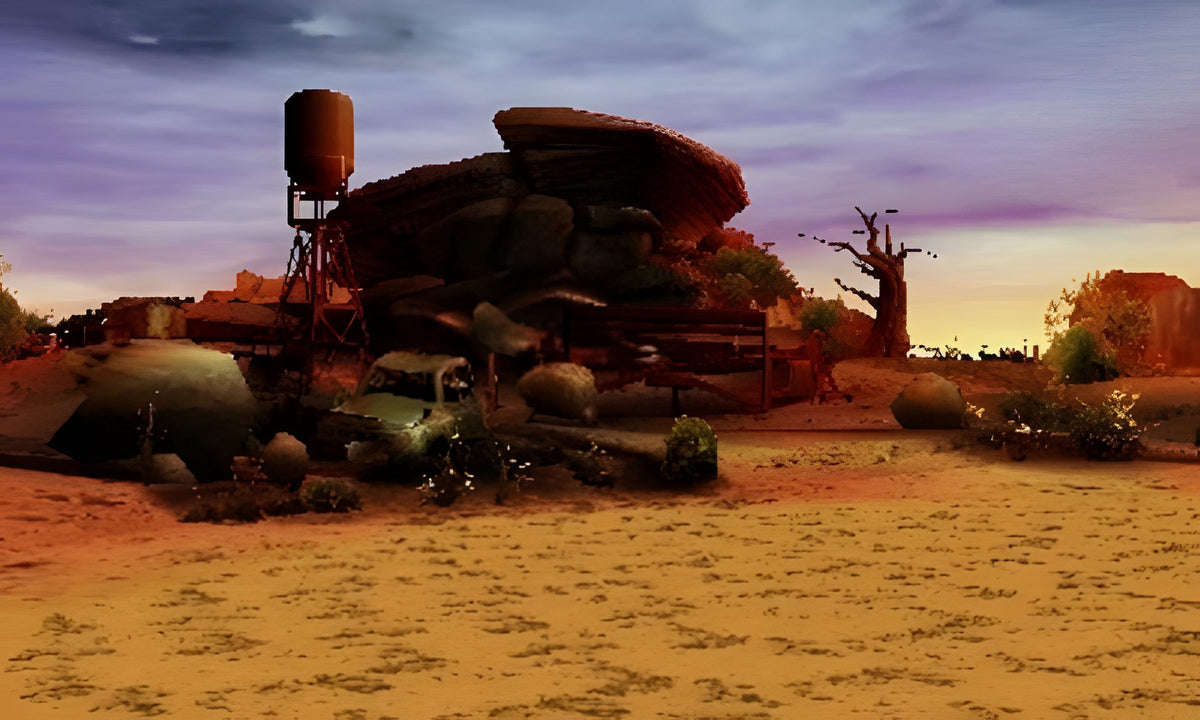 Eine weitere Wüstenlandschaft in Tekken 3D Prime Edition zeigt Felsen, einen Wasserturm und ein Wrack.
