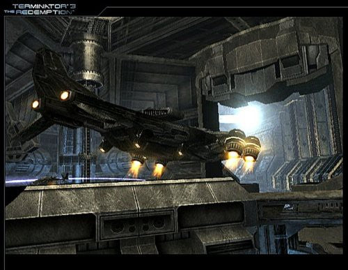 Ein großes futuristisches Flugzeug fliegt durch eine metallische Halle, von der Seite aufgenommen.