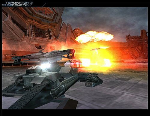 Ein futuristisches Panzerfahrzeug feuert seine Waffe ab und verursacht eine große Explosion in einer Halle.
