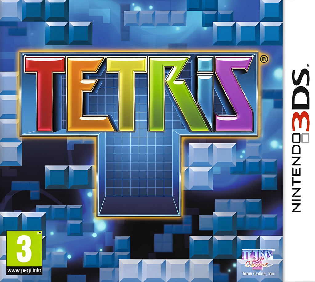 Das Cover von Tetris 3D zeigt das bunte Logo vor einem Hintergrund aus blauen Tetromino-Blöcken und dem USK-Siegel.