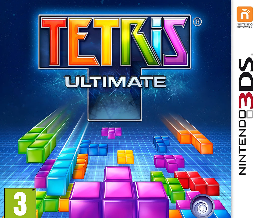 Das Cover von Tetris: Ultimate zeigt bunte Tetrominos vor einem blauen Hintergrund und das PEGI 3 Siegel.
