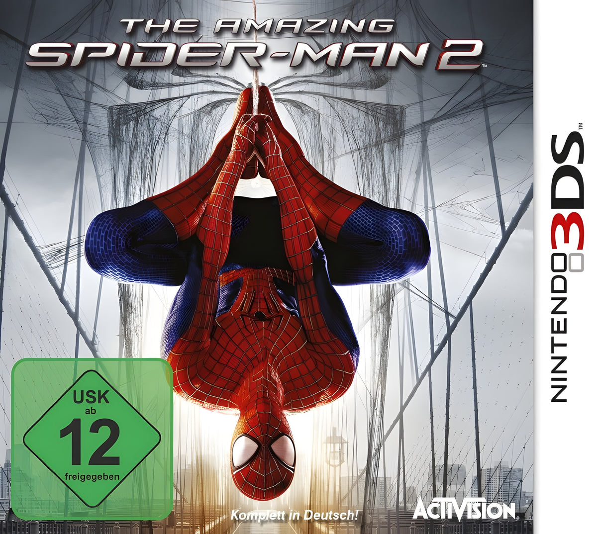 Das Cover von The Amazing Spiderman 2 für Nintendo 3DS zeigt Spiderman kopfüber hängend, USK ab 12.