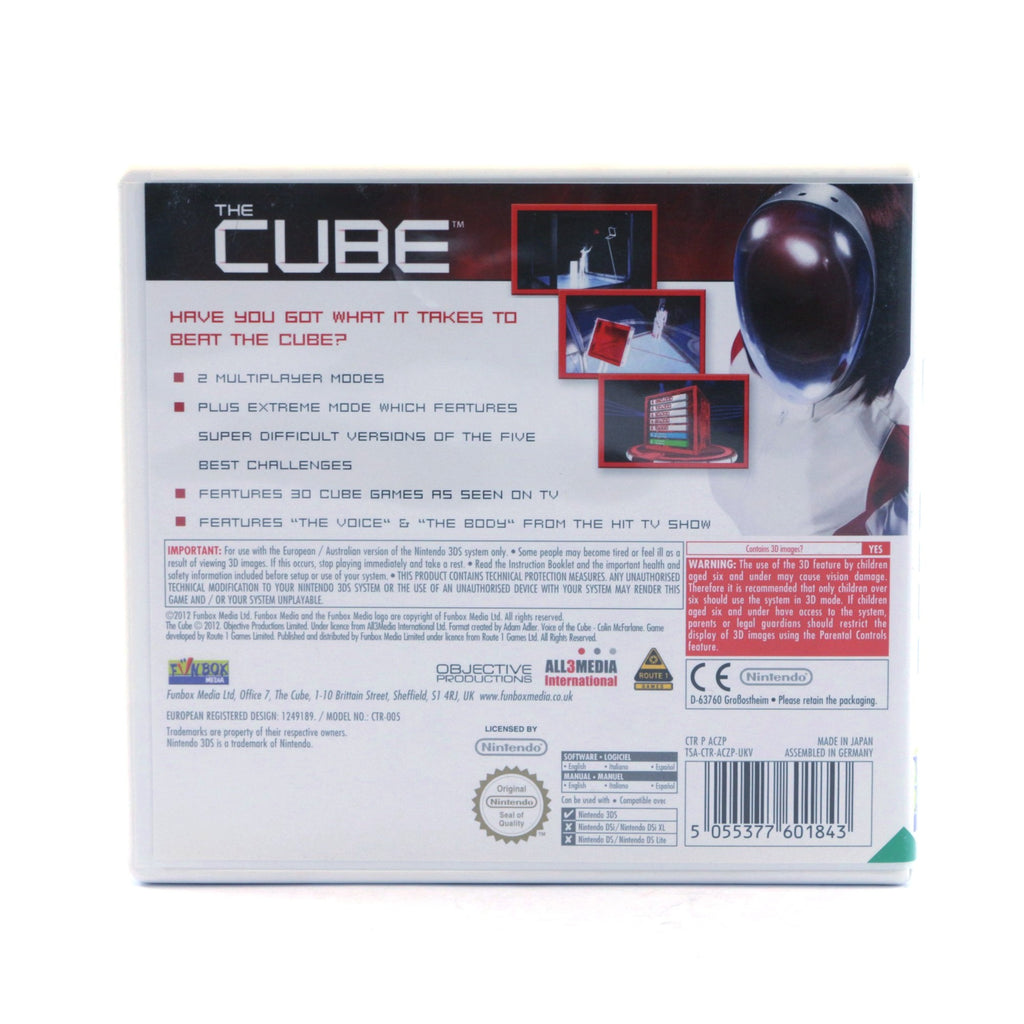 Die Rückseite der Verpackung von The Cube zeigt einen Astronautenhelm und Spielinformationen.