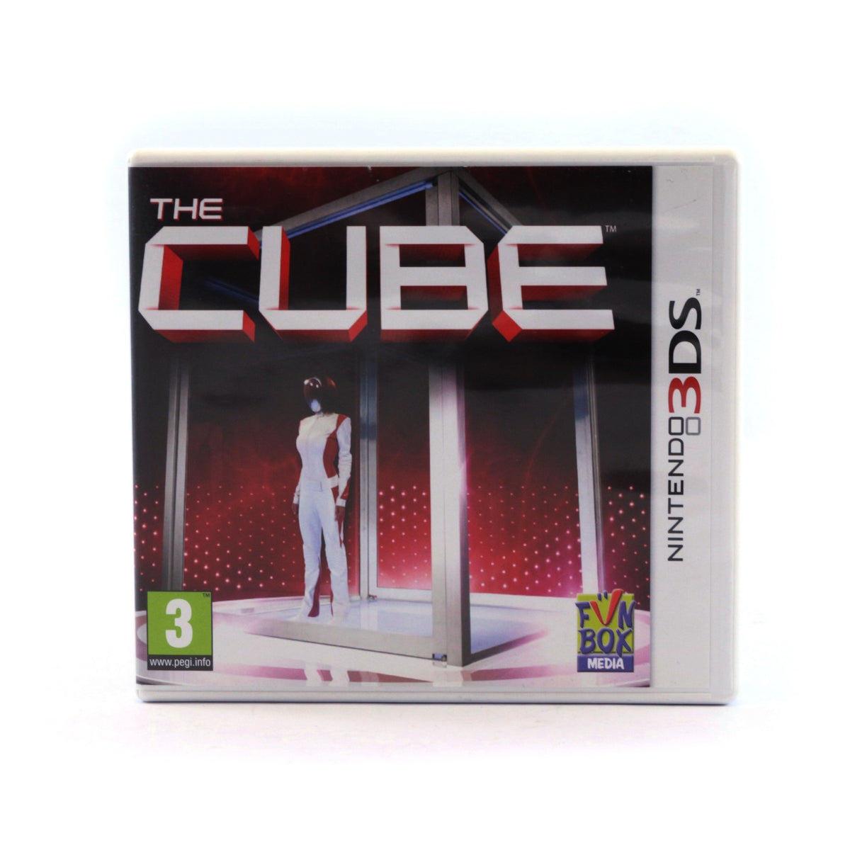 Das Cover von The Cube für Nintendo 3DS zeigt eine Figur in einem Glaskubus, mit PEGI ab 3.