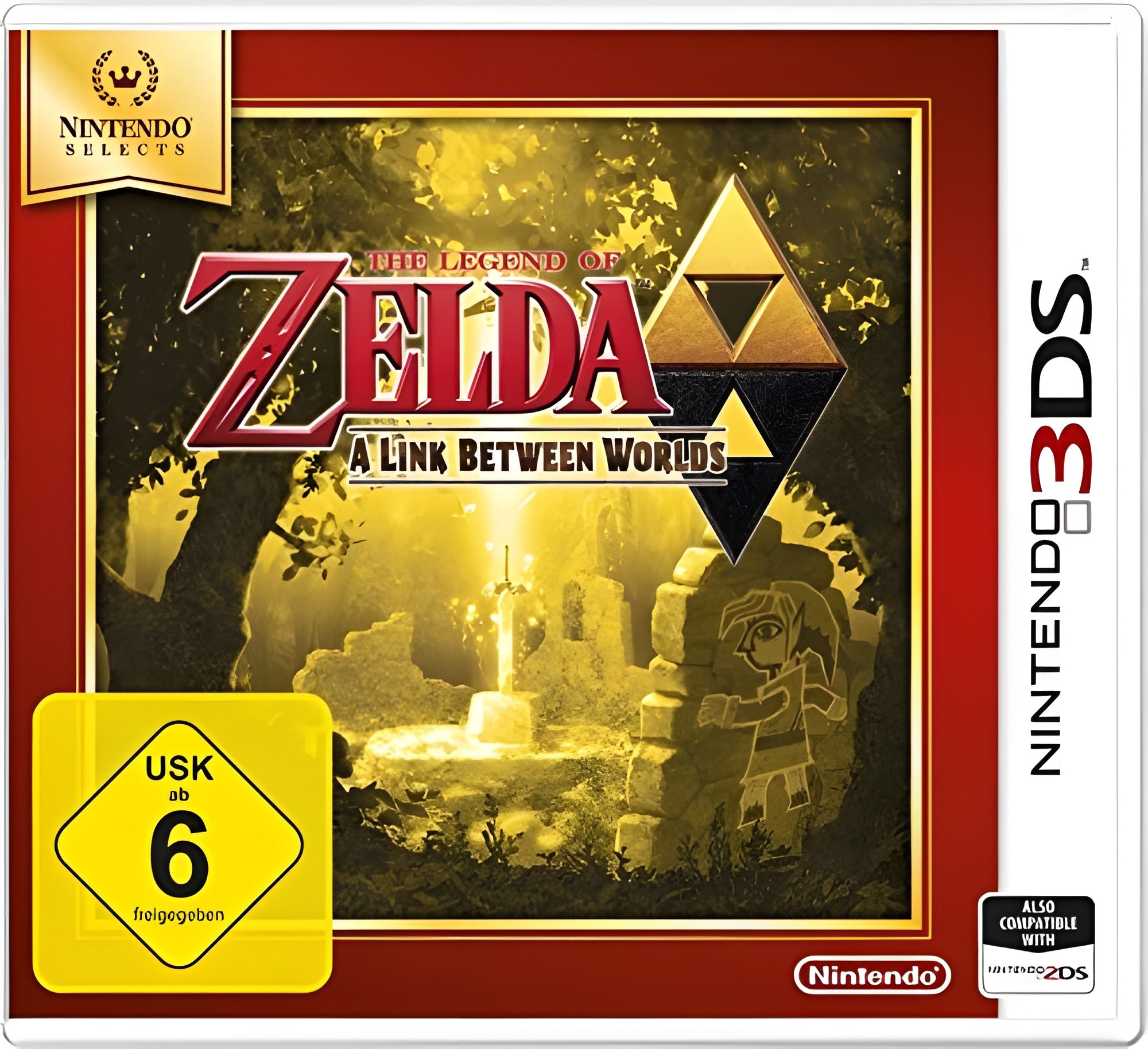 Das Cover von The Legend of Zelda: A Link Between Worlds für Nintendo 3DS zeigt Link vor einem leuchtenden Schwert, USK ab 6.