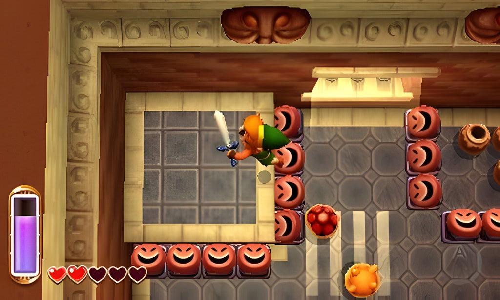 Link kämpft in The Legend of Zelda: A Link Between Worlds für Nintendo 3DS mit dem Schwert in einem Dungeon gegen Monster.