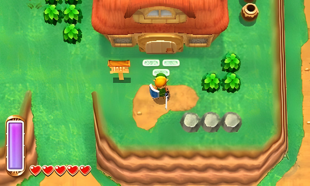 Link steht in The Legend of Zelda: A Link Between Worlds für Nintendo 3DS vor einem Haus auf einer grünen Wiese.