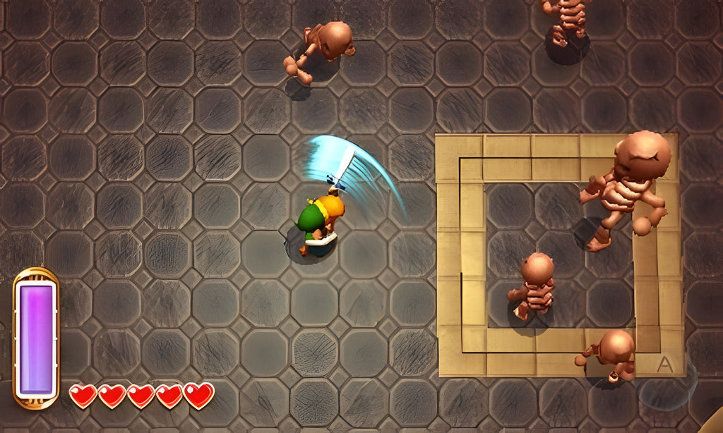 In The Legend of Zelda: A Link Between Worlds für Nintendo 3DS kämpft Link mit dem Schwert gegen Skelette in einem Dungeon.