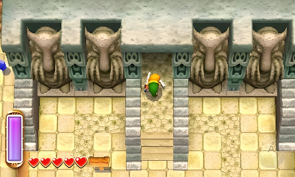 The Legend of Zelda: A Link Between Worlds für Nintendo 3DS zeigt Link vor einem Tempel mit vier steinernen Statuen.