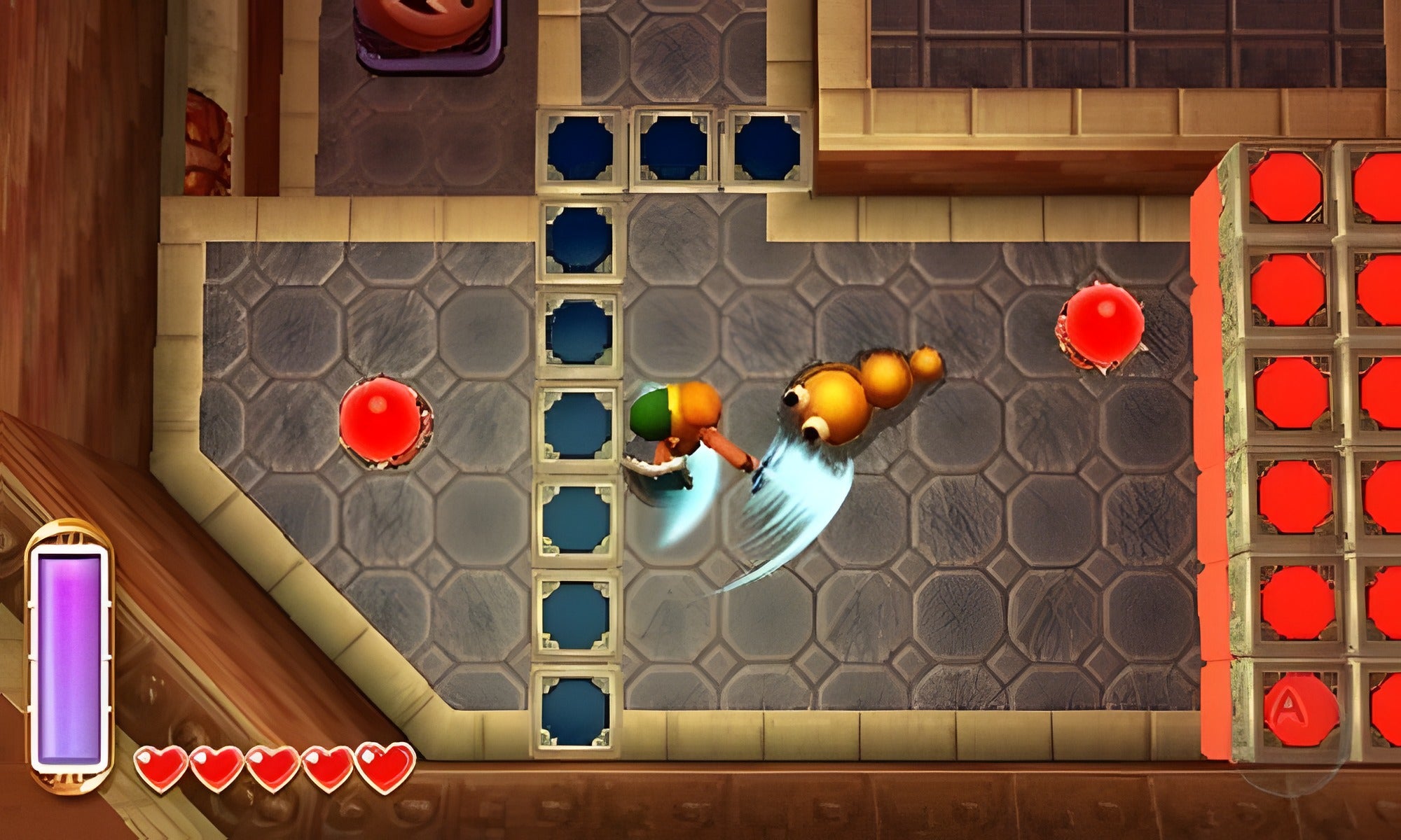 The Legend of Zelda: A Link Between Worlds für Nintendo 3DS zeigt Link im Kampf mit einem Käfer in einem Dungeon.