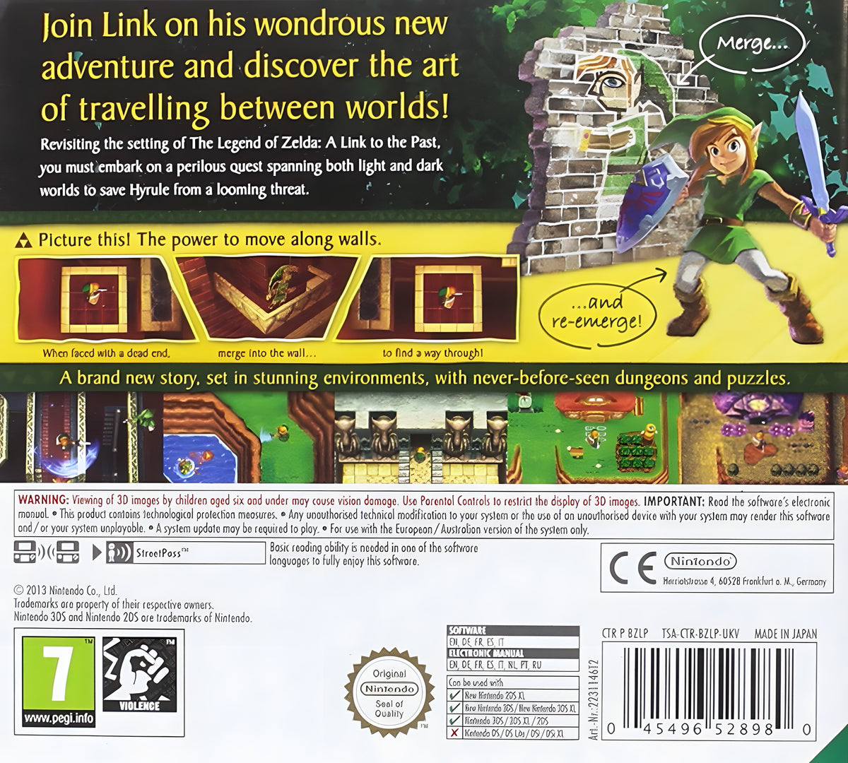 Die Rückseite von The Legend of Zelda: A Link Between Worlds zeigt Link, der sich in eine Wand verwandelt.