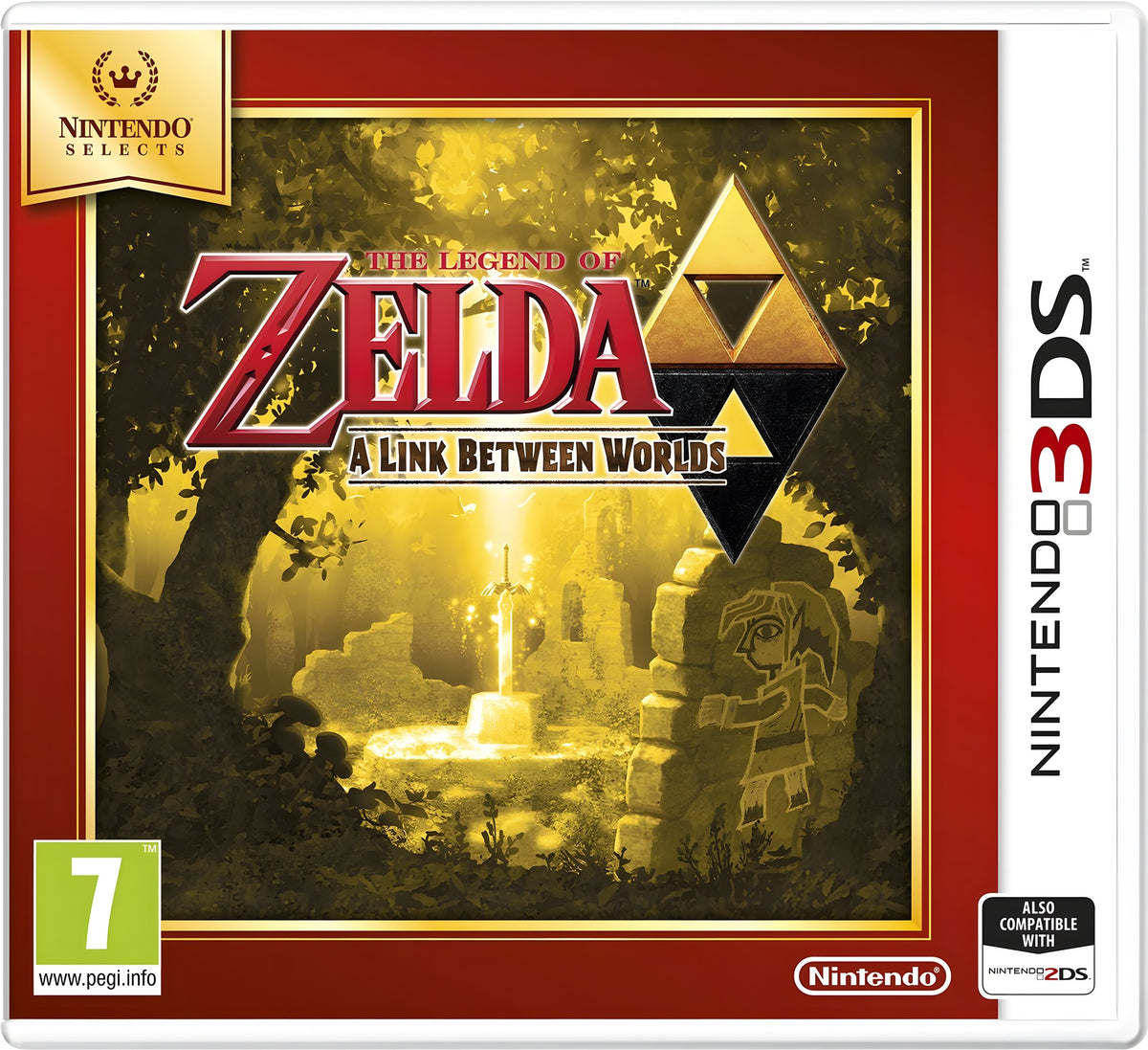 Das Cover von The Legend of Zelda: A Link Between Worlds zeigt Link vor einem leuchtenden Schwert, USK ab 7.