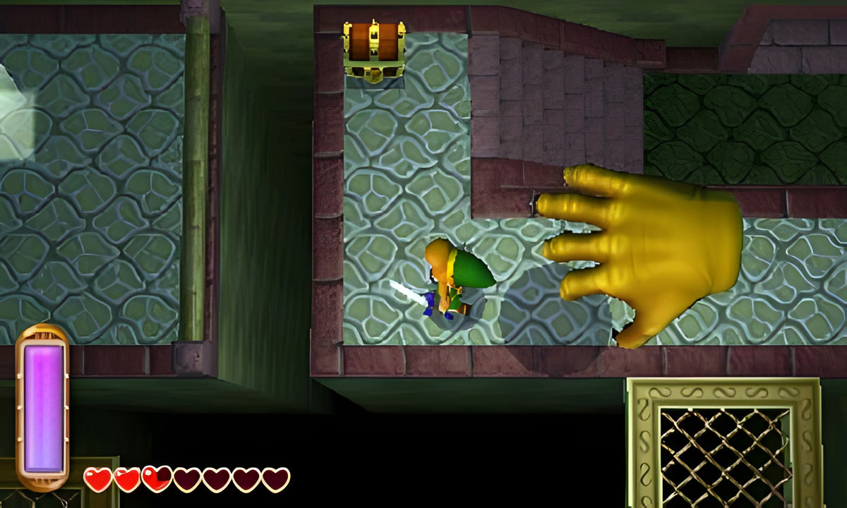 Link begegnet einer riesigen goldenen Hand in einem Dungeon in The Legend of Zelda: A Link Between Worlds.