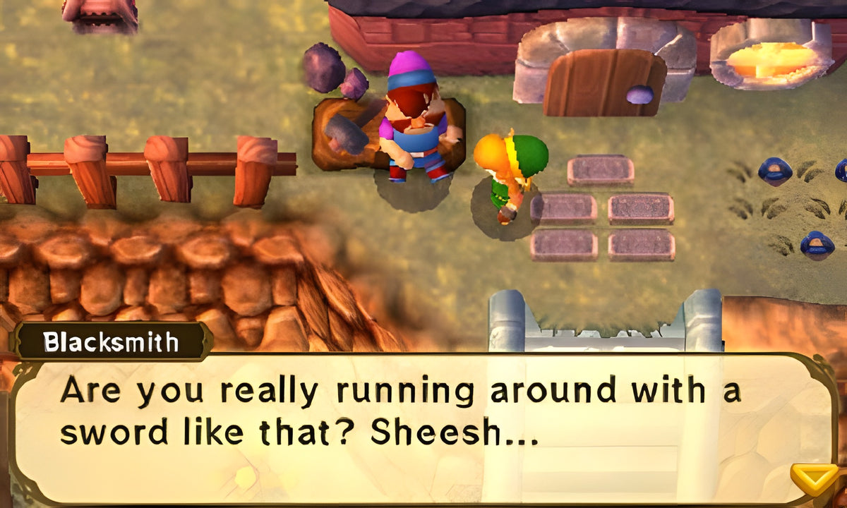 Ein Dialogfenster mit Link und einem Schmied in The Legend of Zelda: A Link Between Worlds.
