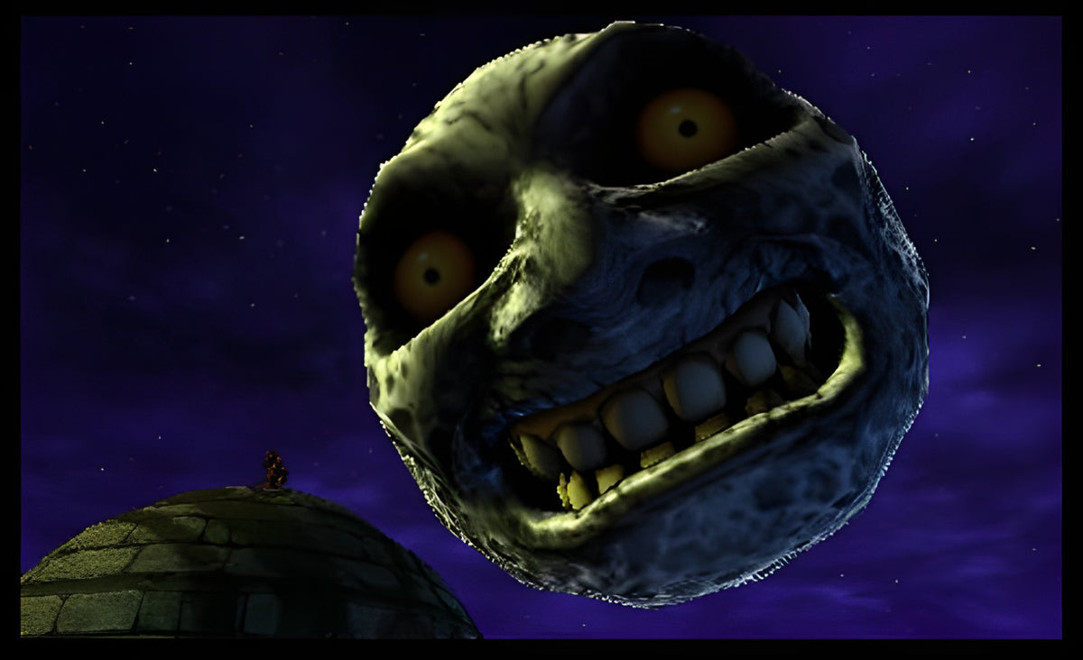 Der bedrohliche Mond mit grinsendem Gesicht dominiert den Himmel in The Legend of Zelda: Majora's Mask 3D.