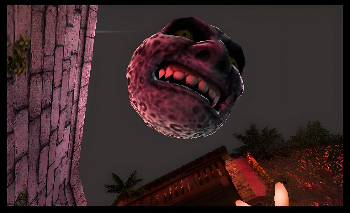 Der bedrohliche Mond mit grimmigem Gesicht ist in The Legend of Zelda: Majora's Mask 3D zu sehen.