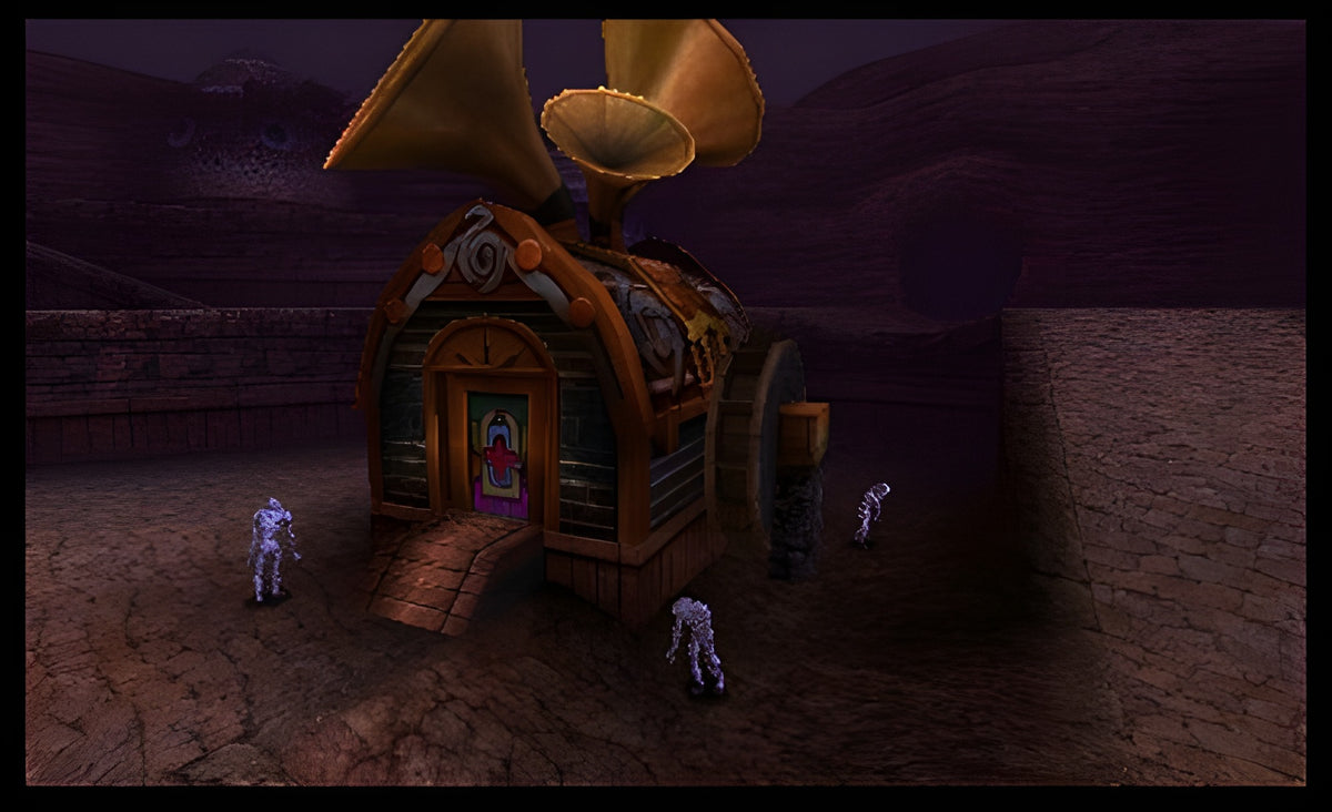 In The Legend of Zelda: Majora's Mask 3D stehen Geister vor einem Haus mit Grammofon.