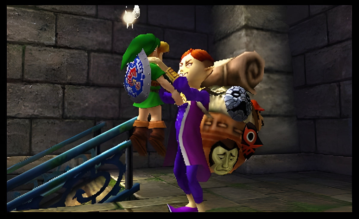 Der Maskenhändler hält Link in The Legend of Zelda: Majora's Mask 3D hoch.