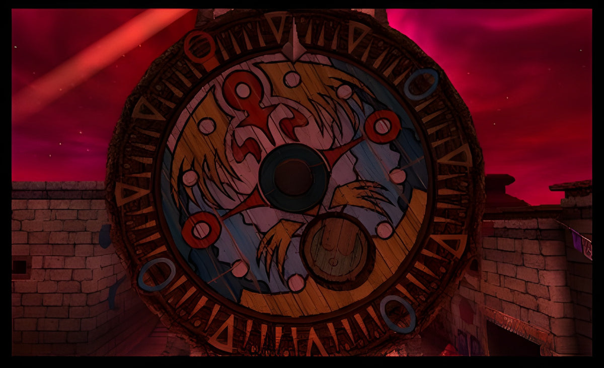 Die große Mond-Uhr in The Legend of Zelda: Majora's Mask 3D vor rotem Himmel.