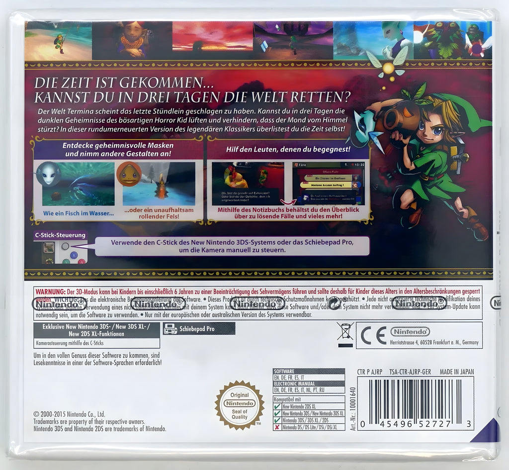 Die Rückseite von The Legend of Zelda: Majora's Mask 3D Pixel Grading SEALED 85+ mit Spielszenen und Text.