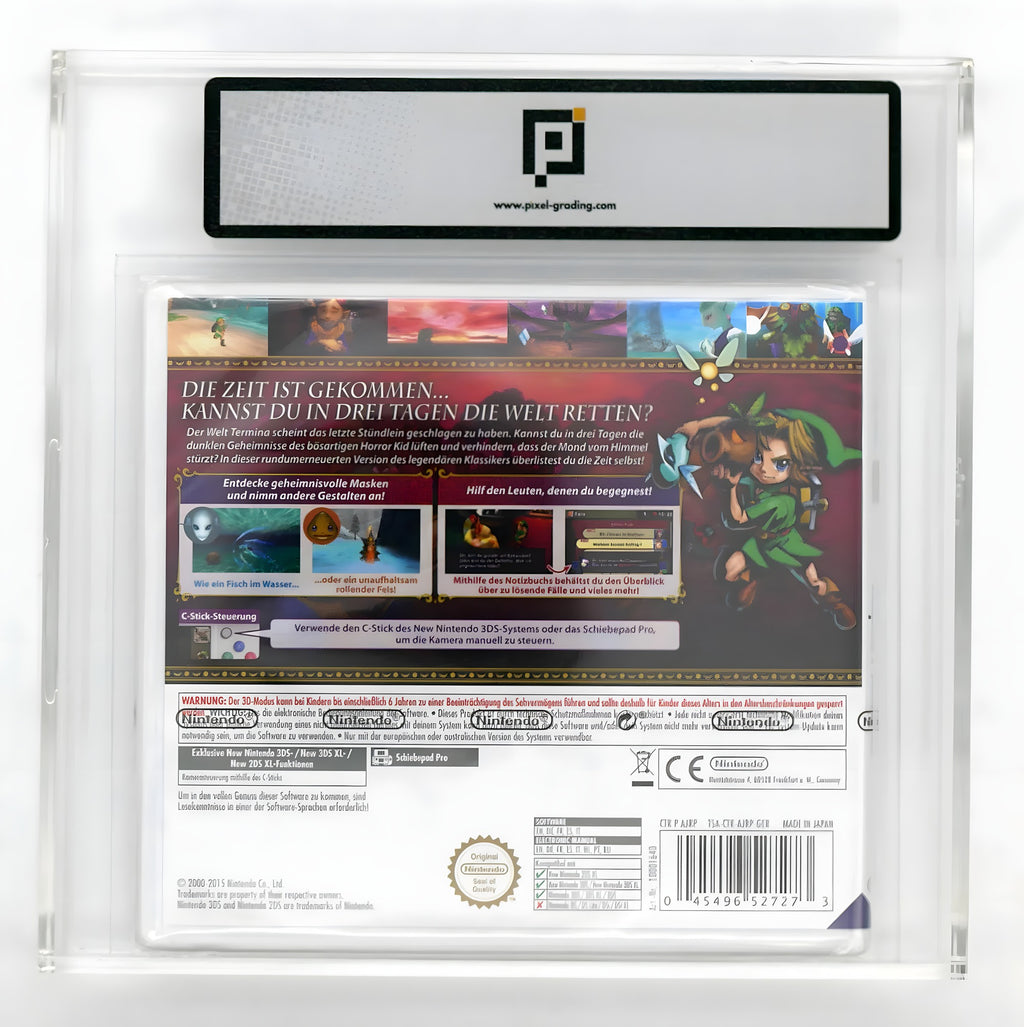 Die Rückseite von The Legend of Zelda: Majora's Mask 3D Pixel Grading SEALED 85+ in einem Grading Case.