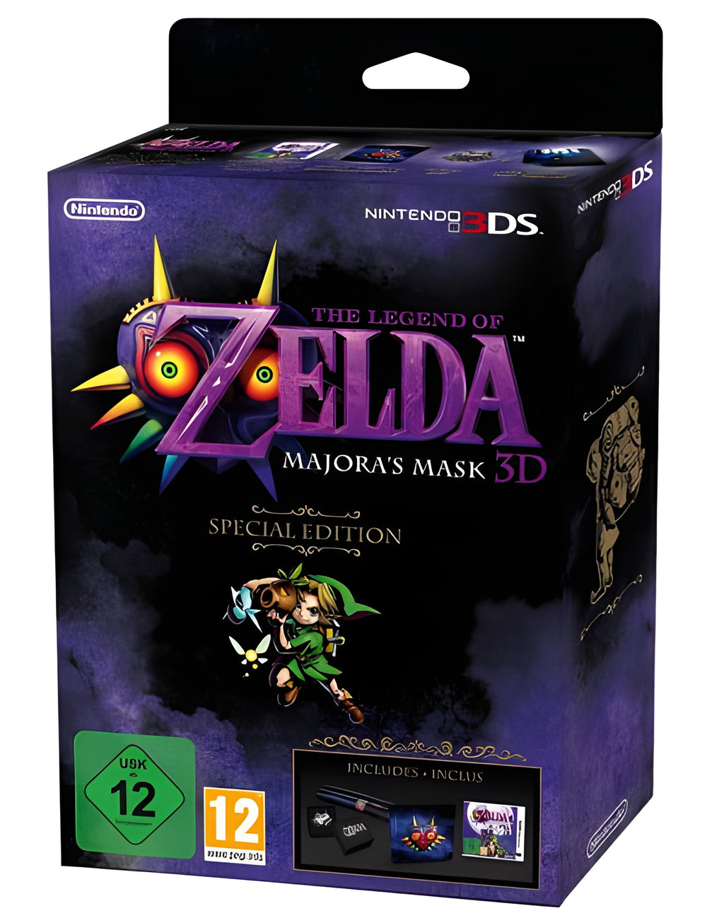 Die Vorderseite der Box von The Legend of Zelda: Majora's Mask 3D Special Edition zeigt Link und die Majora-Maske, USK ab 12.