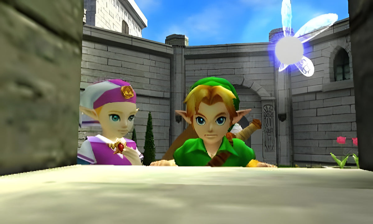 In The Legend of Zelda: Ocarina of Time 3D blicken Link und Zelda mit Navi aus einem Fenster.