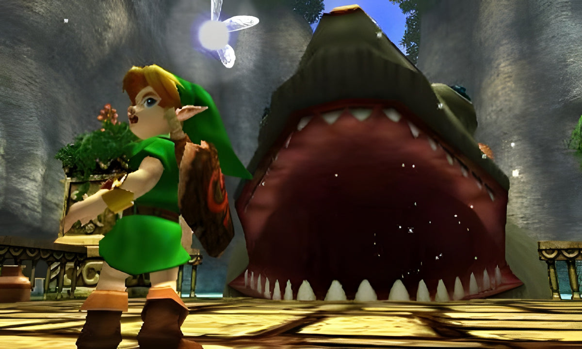 Link steht in The Legend of Zelda: Ocarina of Time 3D vor Lord Jabu-Jabus Maul.