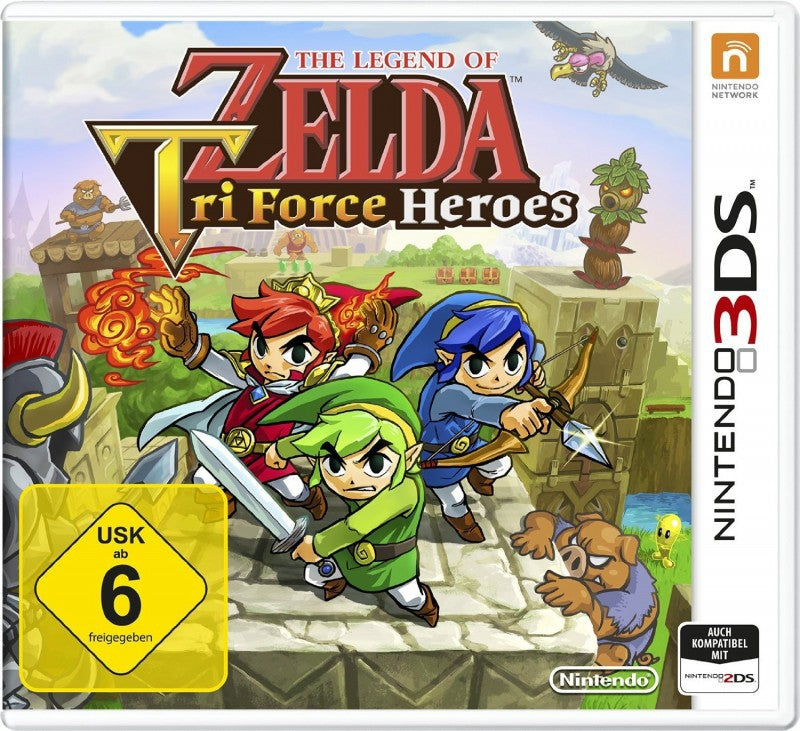 Das Cover von The Legend of Zelda: Tri Force Heroes für Nintendo 3DS zeigt drei Links und ist USK ab 6.