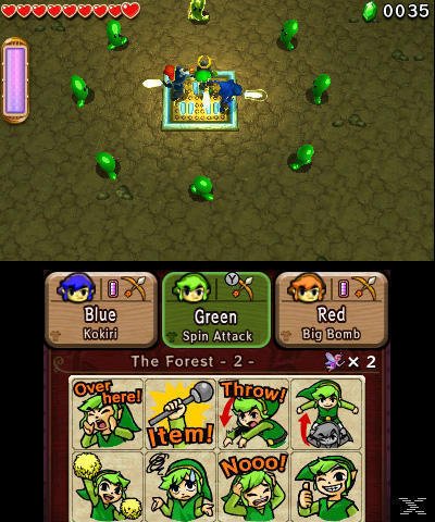 Drei Links in blauer, grüner und roter Kleidung stehen in einem Waldlevel von The Legend of Zelda: Tri Force Heroes.