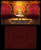 Link steht in einem theatralischen Raum und präsentiert das Kostüm "Spin Attack Attire", das er trägt.