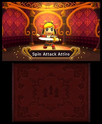 Link steht in einem theatralischen Raum und präsentiert das Kostüm "Spin Attack Attire", das er trägt.