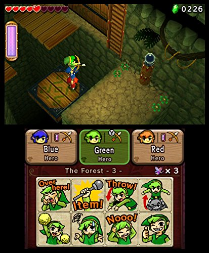 In The Legend of Zelda: Tri Force Heroes steht Link in einem Dungeon, darunter ist das Kommunikationsmenü zu sehen.
