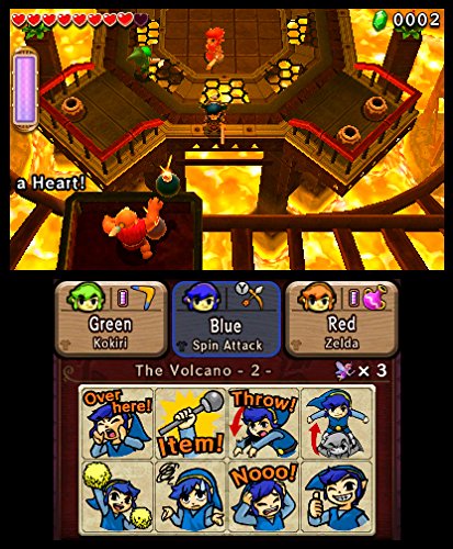 Eine Kampfszene aus The Legend of Zelda: Tri Force Heroes zeigt Link und seine Mitstreiter in einem Vulkan.