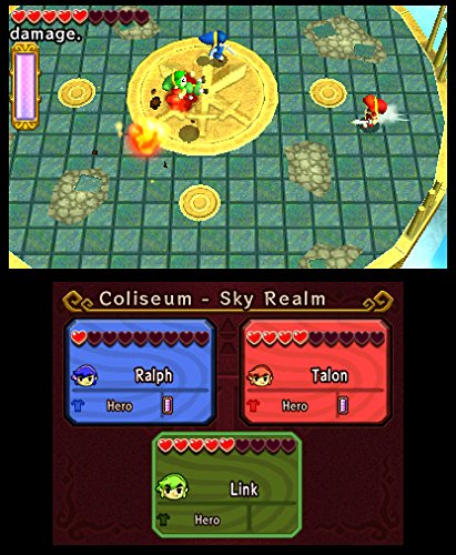In The Legend of Zelda: Tri Force Heroes kämpfen drei Links in einem Kolosseum, darunter ist die Spielerübersicht.