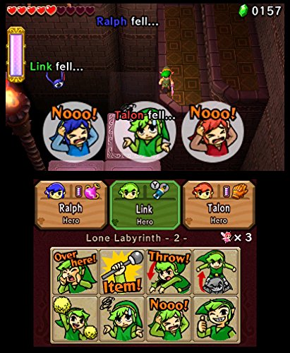 The Legend of Zelda: Tri Force Heroes zeigt eine Szene im Labyrinth, in der alle drei Links besiegt wurden.