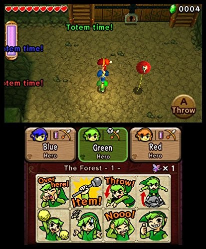 Eine Spielszene von The Legend of Zelda: Tri Force Heroes zeigt drei Links im Totem und ein Menü.