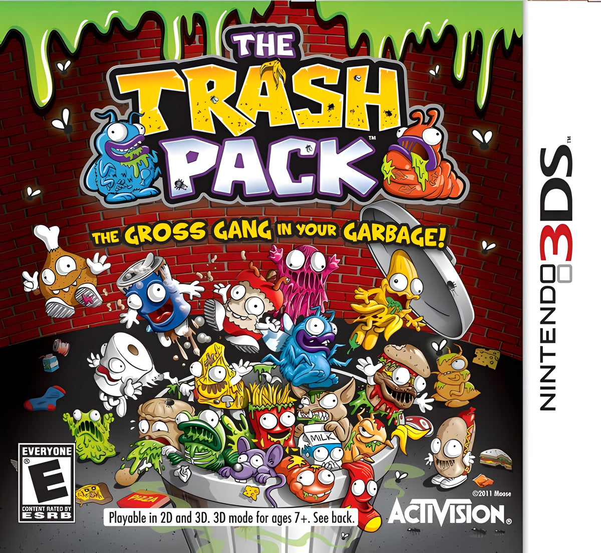 Das Cover von The Trash Pack für Nintendo 3DS zeigt viele bunte Müllmonster vor einer Ziegelwand, mit dem ESRB E-Siegel.